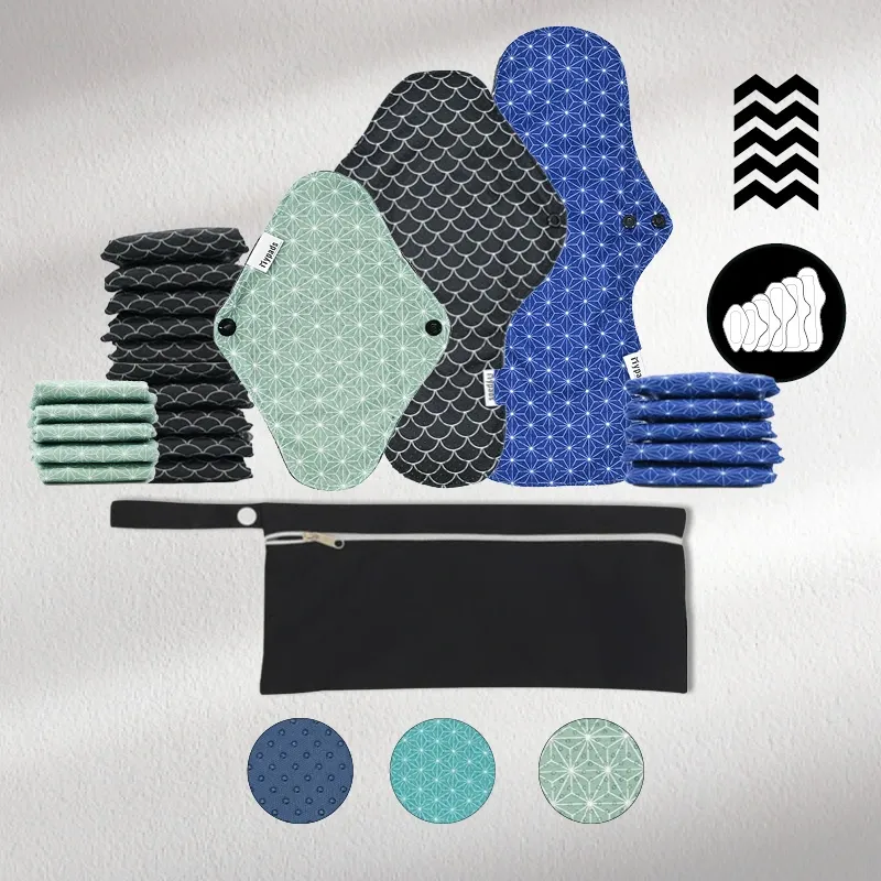 mypads-pack-complet-jour-et-nuit-20-serviettes-lavables-flux-moyen-fort-pochette image 1