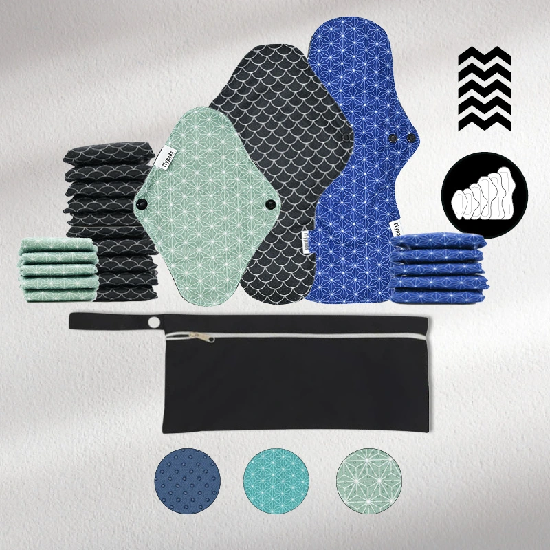 mypads-pack-complet-jour-et-nuit-20-serviettes-lavables-flux-moyen-fort-pochette image 1